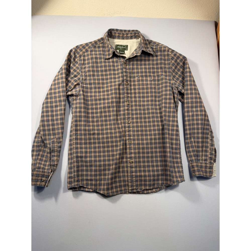 Eddie Bauer Mens Small Brown Blue Plaid Cotton Long Sleeve Rugged Flannel Shirt